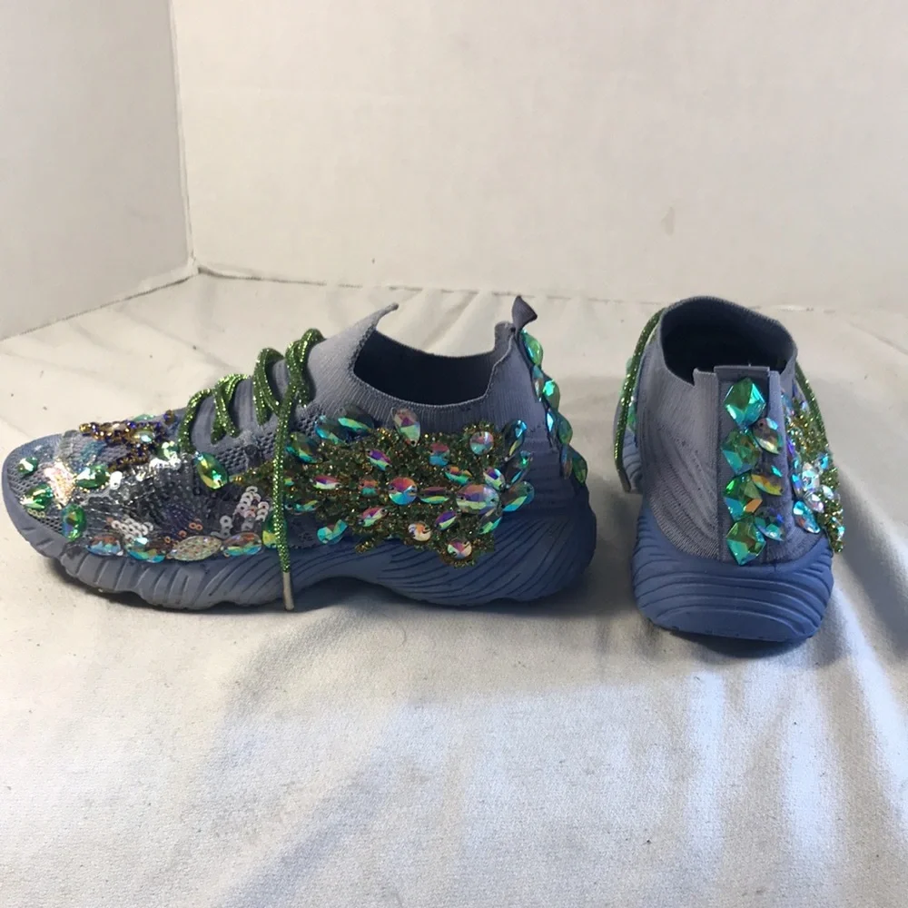 Women’s Rare Wear Customized Bedazzled Periwinkle Blue Pull On Mesh Sneakers